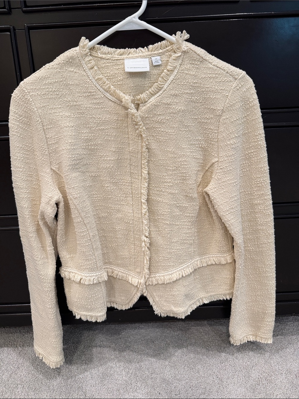 Anthropologie Cream Bouclé Fringe Open-Front Cardigan